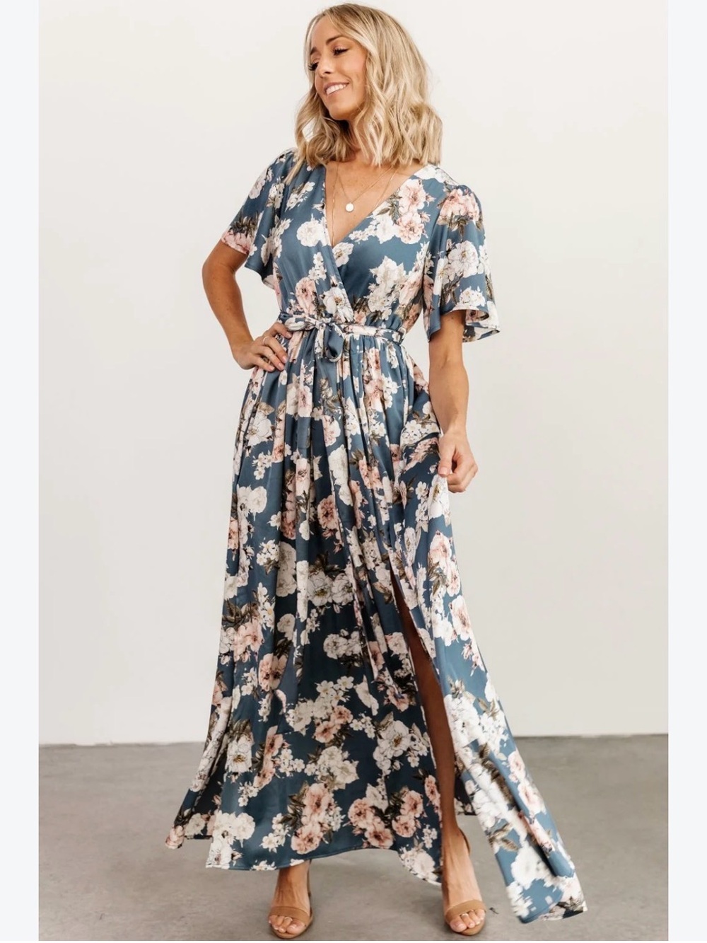 Baltic Born Sicily Blue Floral Maxi Dress medium Wrap High Slit Belt Satin NWT